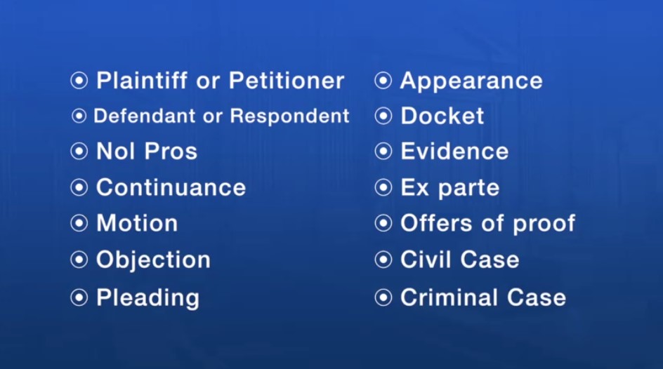A list of legal terms on a blue background