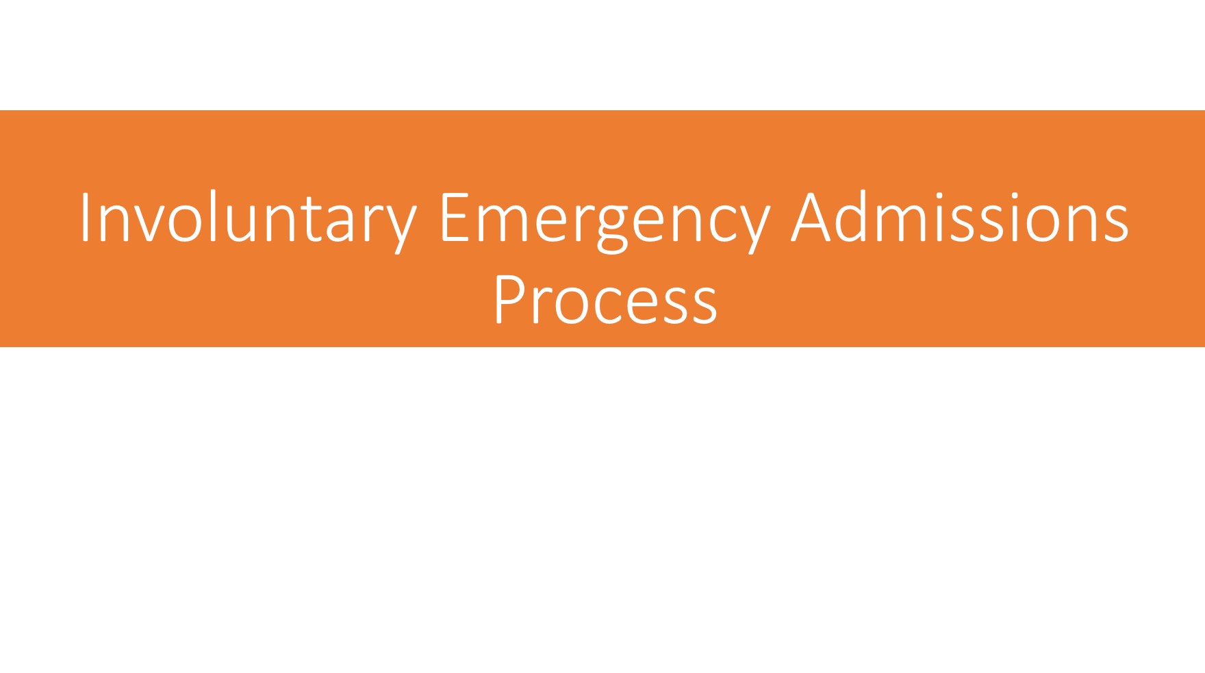 A powerpoint slide with text that reads "Involuntary Emergency Admissions Process" on an orange rectangle.