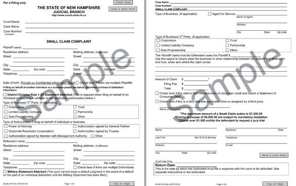 A screenshot of the small claim complaint form with a watermark of "Sample" on both pages.